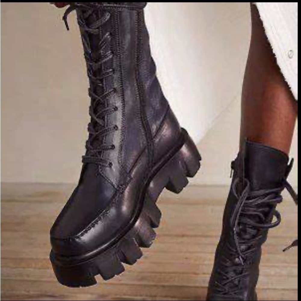 New in Box Free People black Jones Lug Sole Lace Up Boots in size 8